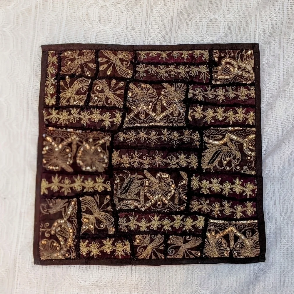 Chocolate with Gold and Silver Sequins Embroidered Pillow Cover